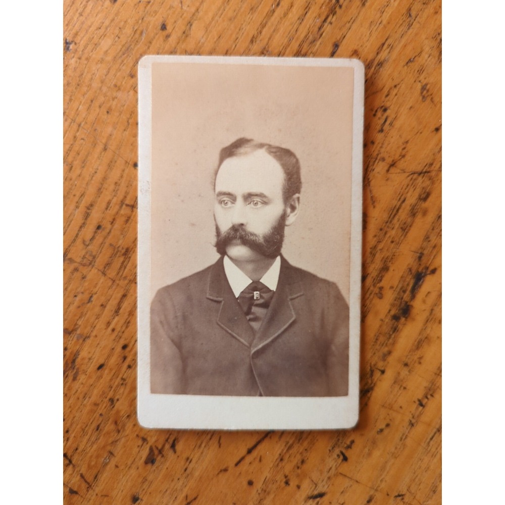 Antique Cabinet Card Man Photo 1800s Victorian Portrait Handlebar Mustache 4x2.5